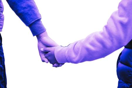 [ai] Two hands holding each other, one belonging to an adult and the other to a child, against a white background. The image has a purple tint.